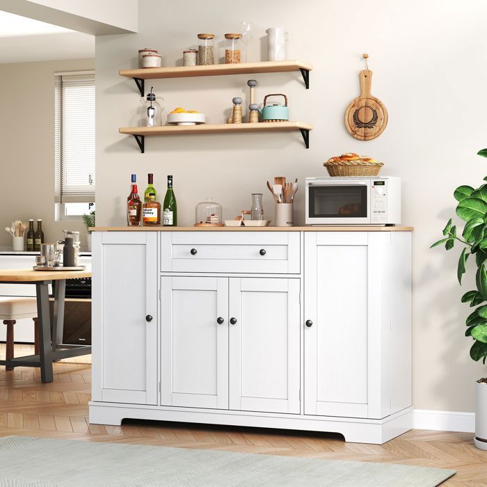 Buffet de Cuisine avec Portes et Tiroirs Bahut de Rangement Blanc - Meuble de Rangement Cuisine Salle à Manger Blanc Teck