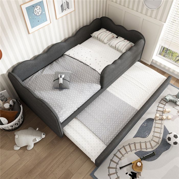 Lit gigogne 90x190 enfant avec sommier lit simple avec roulettes et lattes bois lit rembourré avec detachable guardrail lin
