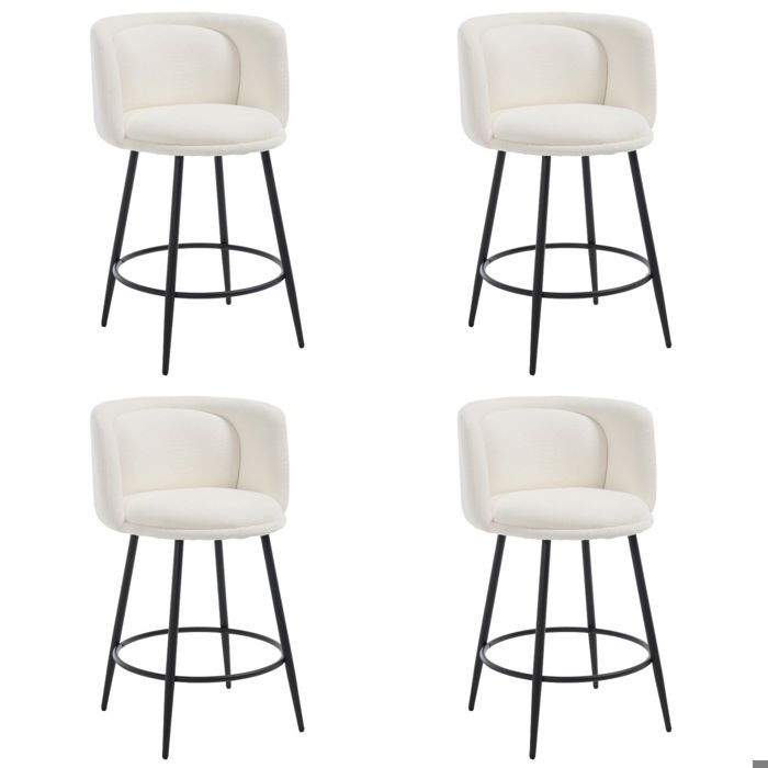 DAYALANE Lot de 4 Tabouret de Bar en Chenille Chaise de Bar Design Haute avec Repose-Pieds Chaise de Comptoir et Cuisine Blanc