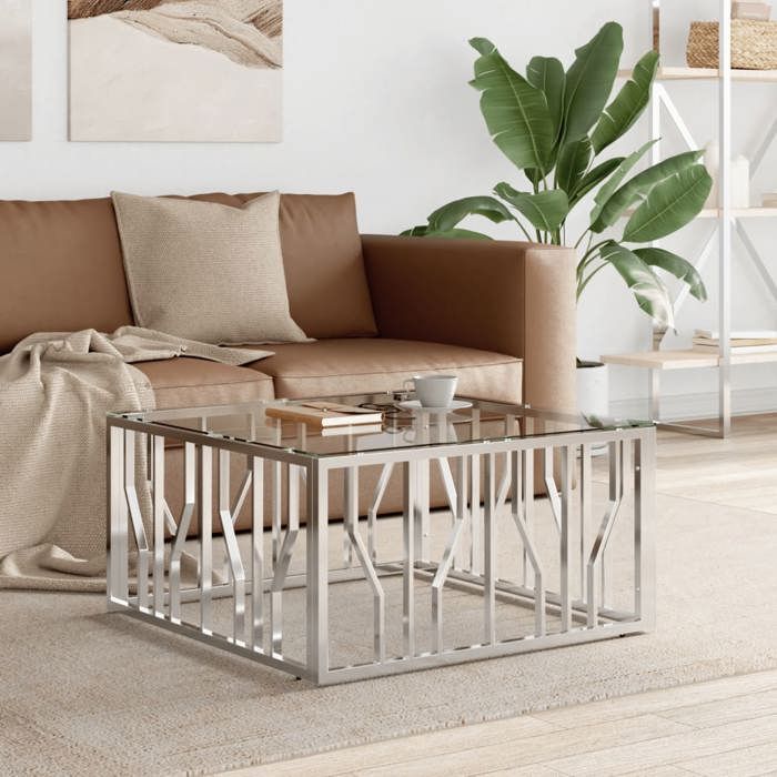 Table basse classique - VIDAXL - 80x80x40 cm - Acier inoxydable - Verre trempé - Argenté - Épaisseur 6 mm