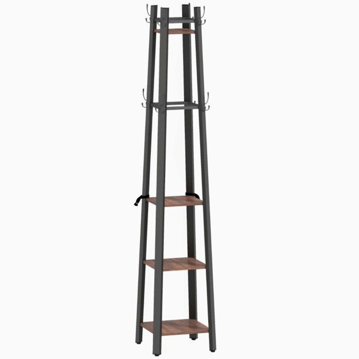 Porte-manteau sur Pied Industriel-4 Étagères et 8 Crochets-Structure Métal et Aggloméré-Assemblage Renforcé-Séjour Organisés