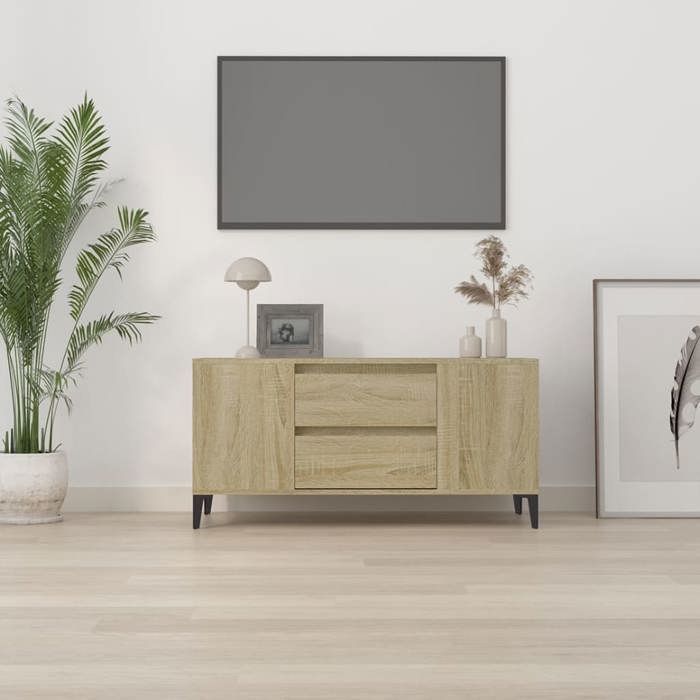 Meuble TV moderne - vidaXL - Chêne sonoma - 102x44 5x50 cm - Bois dingénierie - 4 compartiments ouverts - 2 tiroirs