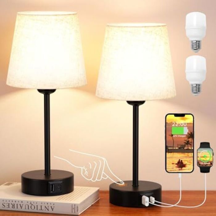 Lampes de chevet tactiles - OKZ - Lot de 2 - Intensité variable 3 voies - Ports USB-A+C - Abat-jour en lin beige