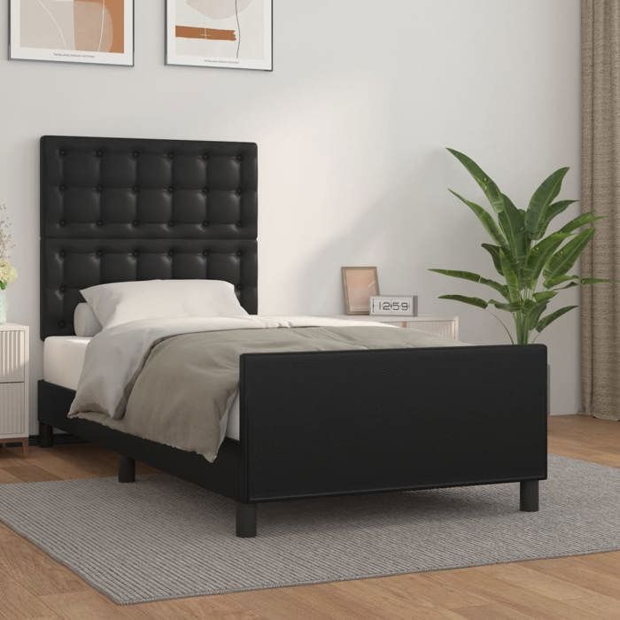 Structure de lit en similicuir - UU - 90x190 cm - Noir - Similicuir - Hauteur réglable - Pieds robustes