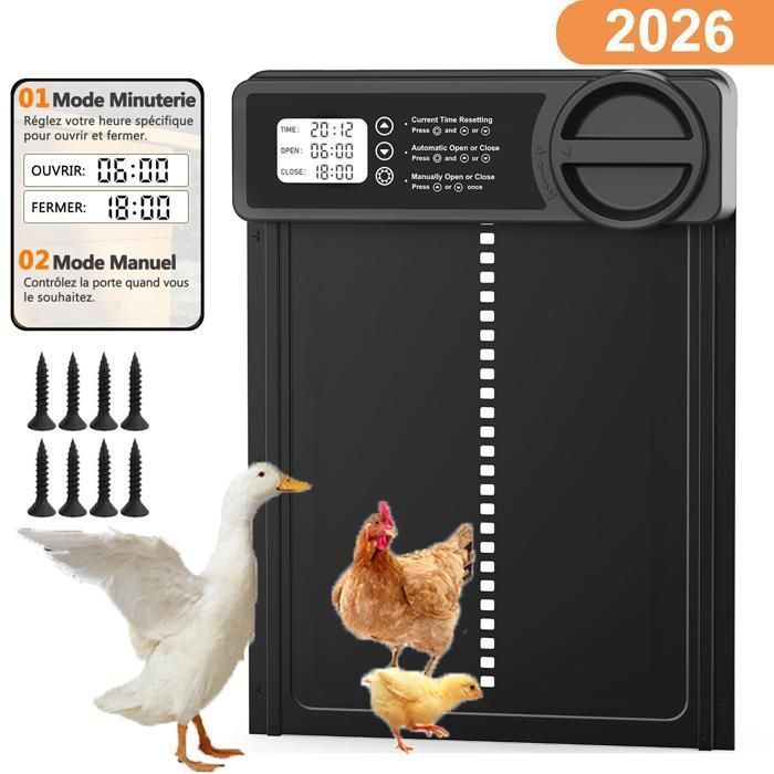 Porte Poulailler Automatique en Alliage daluminium avec Écran LCD Programmable Étanche Commande de Minuterie (328x244mm)