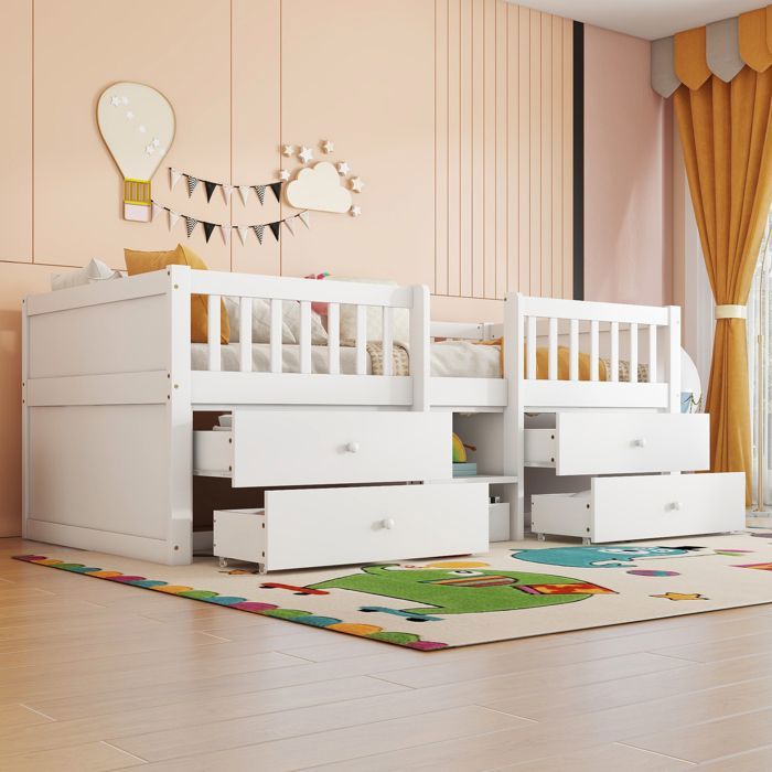 Lit mi-hauteur Maisentiel 90x200 cm pin blanc 4 tiroirs intégrés barrières de sécurité et échelle style minimaliste