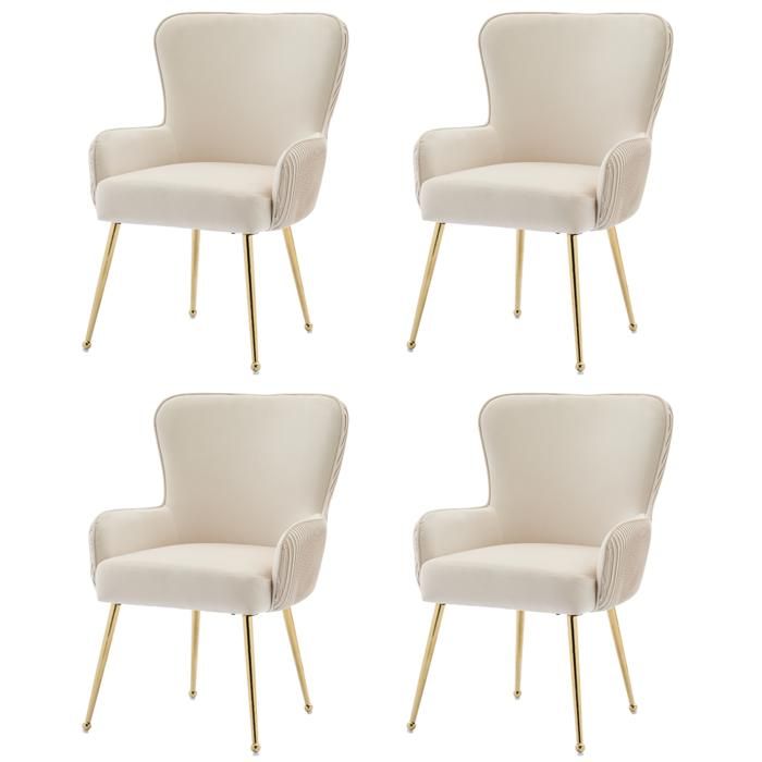 Lot de 4 chaises velours beige avec accoudoirs et pieds métal doré – 57×53×83 cm