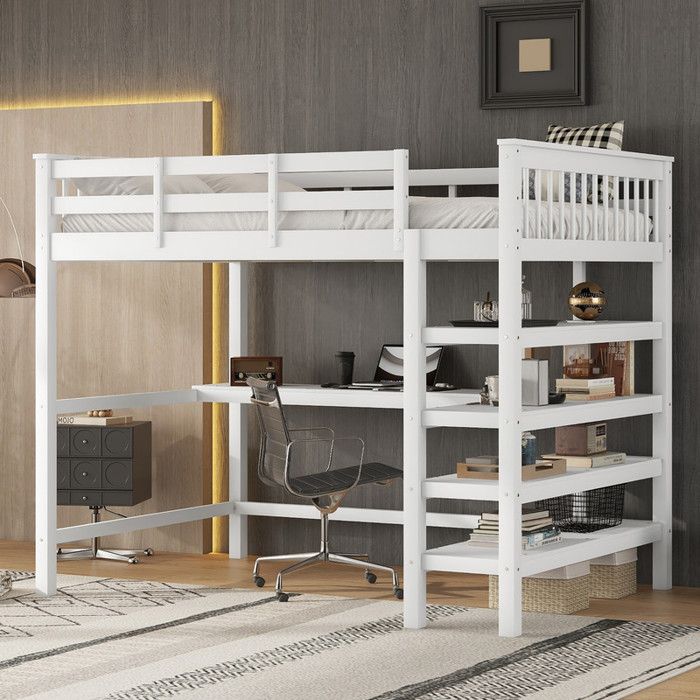 Lit mezzanine 140x200 Lit surélevé multifonctionnel en bois massif marche table avec compartiments de rangement et Bureau sous lit
