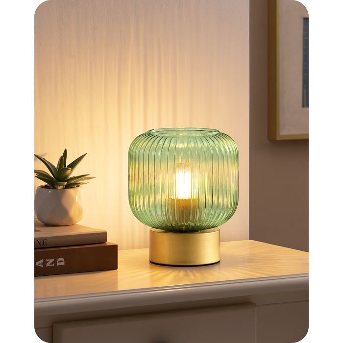 Lampes de table - EDISHINE - EDISHINE-T007 - Abat‑jour verre vert - Base métal doré - Ampoule E27 4W 2700K incl.