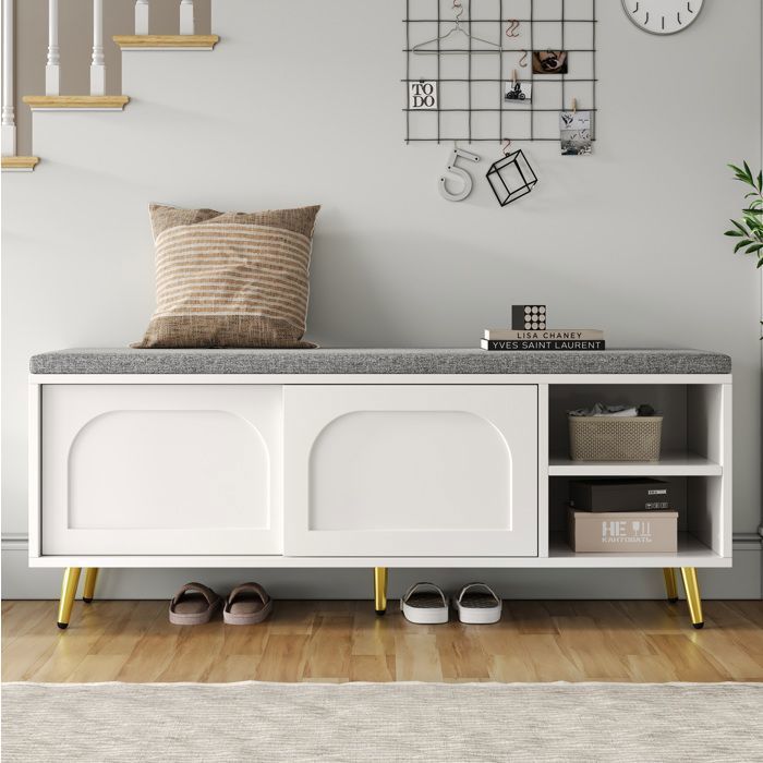 Modenuit Banc à Chaussures - 121×35×49 cm - Coussin dAssise - Espace de Rangement - Portes Coulissantes - Blanc