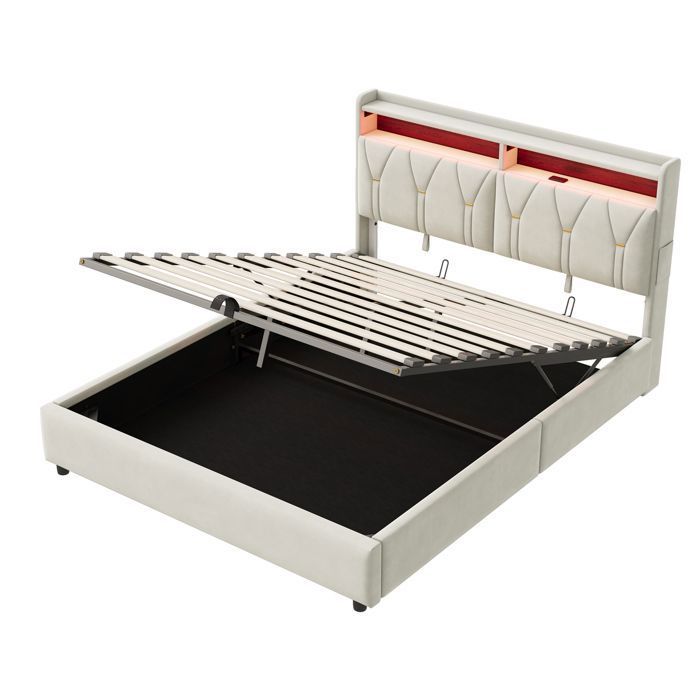YubNct Lit Double 160x200cm Lit Coffre Hydraulique - Tissu Velours Beige LED RGB port de chargement USB-C