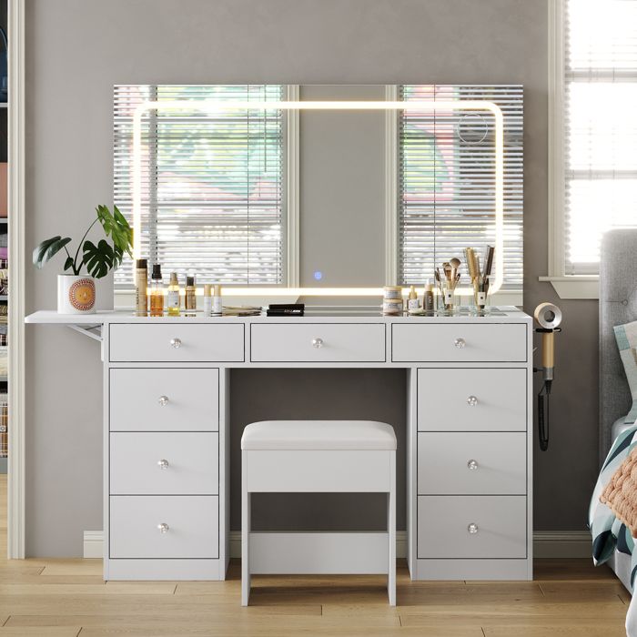 Coiffeuse Avec Miroir LED 9 Tiroirs Plateau En Verre Prise Intégrée 3 Modes D’Éclairage Tabouret Blanc