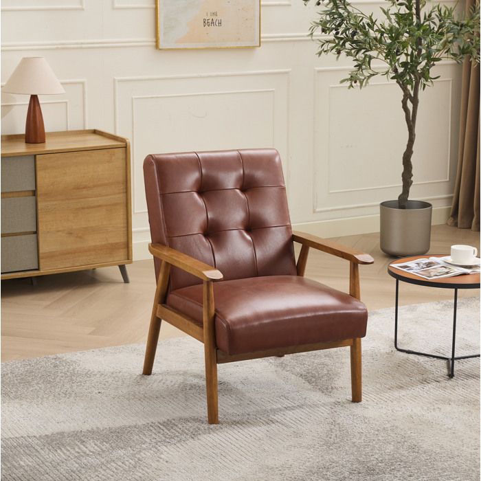 Fauteuil lounge en cuir marron avec accoudoirs effet noyer structure bois dossier pull-point charge 150 kg