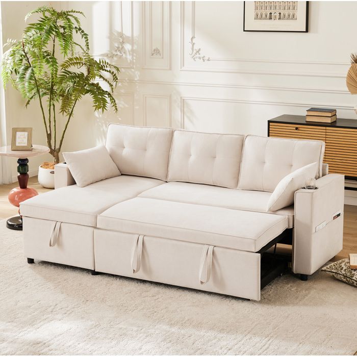 Canapé d’angle convertible 3 places beige 211 x 130 x 86 cm réversible avec rangement