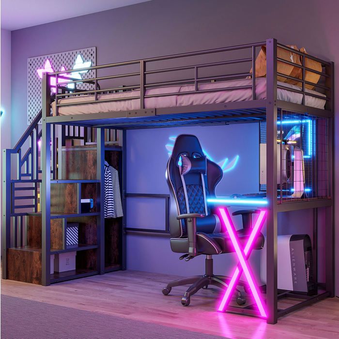 Lit mezzanine 90x200 cm avec LED bureau armoire étagères et échelle de rangement noir