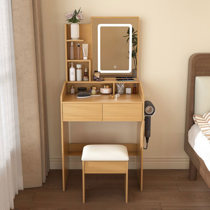 LINHOO Coiffeuse Compacte avec Miroir LED et Prise Support Sèche-cheveux Tabouret Rembourré 60x36x130 cm