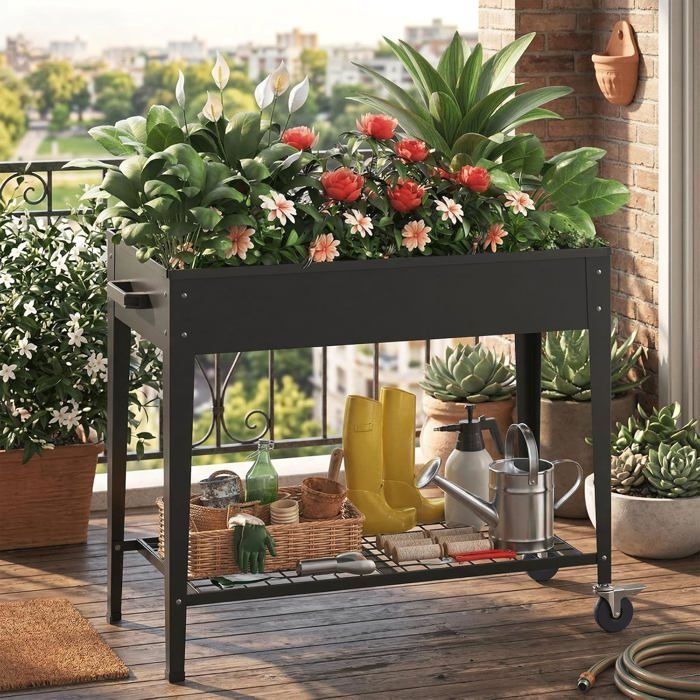 LARMNEE Jardinière sur pieds Bac de Jardin Surélevé avec roulettes Étagère et Trou de Drainage 83 5 x 40 x 76 cm Noir