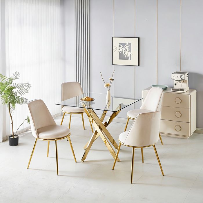Ensemble de salle à manger - 1 table + 4 chaises (5 pièces) - Velours luxueux - Structure métal doré - Table carrée 80x80 cm