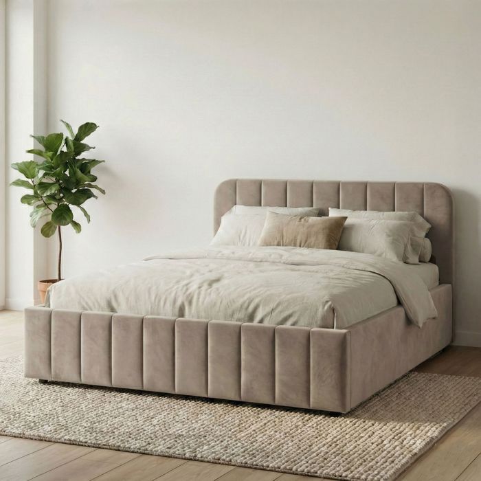 Lit coffre 160x200 velours taupe avec tête de lit Terre de Nuit