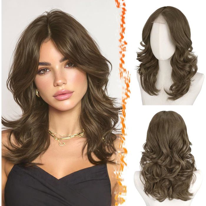 Perruque ondulée brun clair - LEHRING - Longueur épaule 40 cm - Frange rideau - Fibre synthétique réaliste