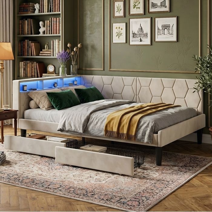 Lit Banquette 140x200cm - 2 en 1 Canapé Lit - Tiroirs & Étagères - Lumière LED - Prise USB Type-C - Velours Beige