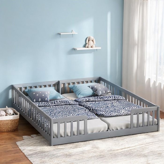 Lit plateforme enfant avec barrières 90x200 cm pin et MDF slate gray style minimaliste 2 couchages