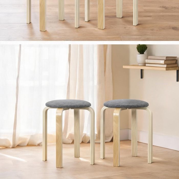 Lot de 4 tabourets empilables ronds en bois avec assise tissu effet lin gris ardoise gain de place pour salle à manger