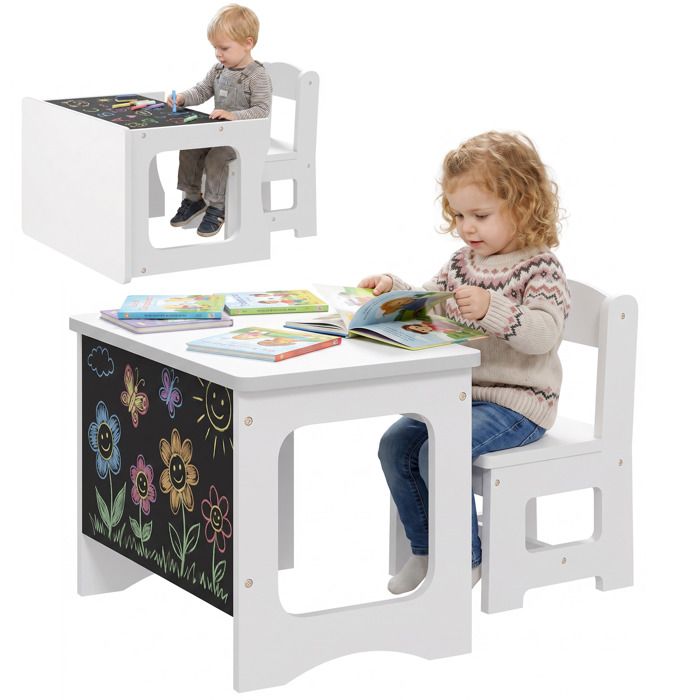 Bureau et chaise pour enfant - AIYAPLAY - 2 pièces - plateau réversible tableau noir - bois - 60x60x50cm - blanc