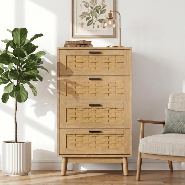 Chiffonnier avec 4 tiroirs en rotin Commode haute - Style scandinave - Commode étroite pour chambre Commode Chêne 55x40x95 cm