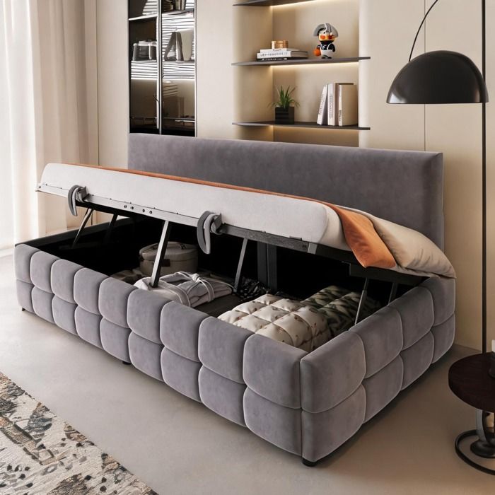 Sommier tapissier en velours gris doux 90x200 cm avec coffre hydraulique méridienne sans accoudoirs style classique