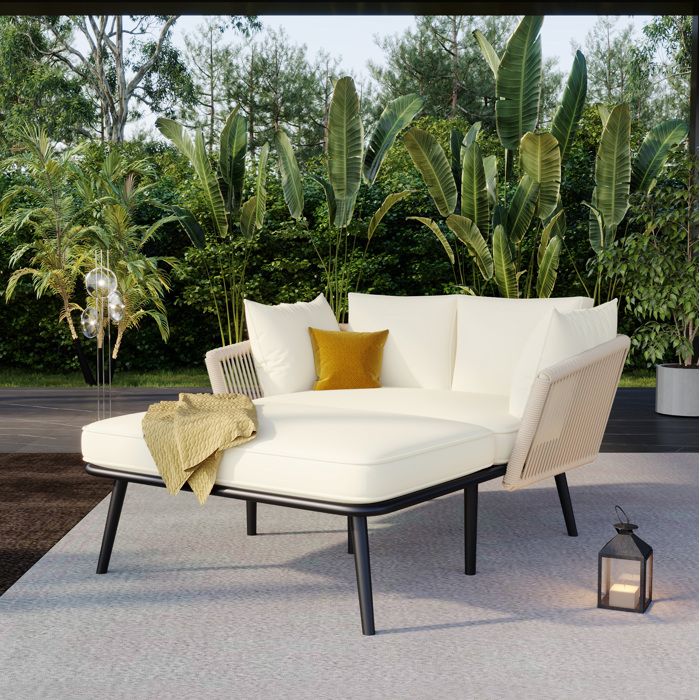 MEULVA Canapé de jardin convertible 2 personnes bain de soleil extérieur beige et noir coussins lavables
