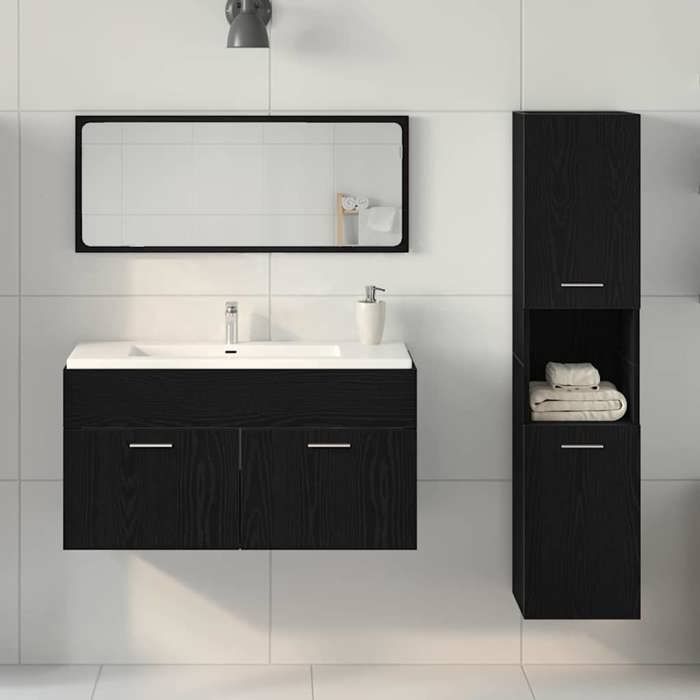 Ensemble de mobilier de salle de bain 3 pièces élégant - ECOHOME - bois dingénierie - chêne noir - 90 x 385 x 46 cm - avec porte@1