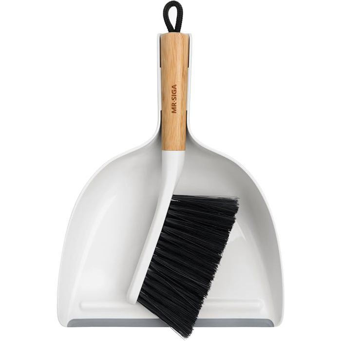 Ensemble Pelle et Ba Petite Pelle Ba de Table avec Manche en Bambou Petit Balai Ramasse Poussière Blanc