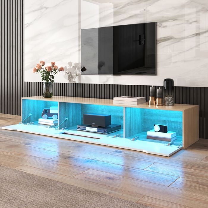 Meuble TV LED 180x30x35 cm LEMLIT Banc TV Salon Portes Rainurées Finition Brillante 16 Couleurs 4 Modes - Blanc et Bois