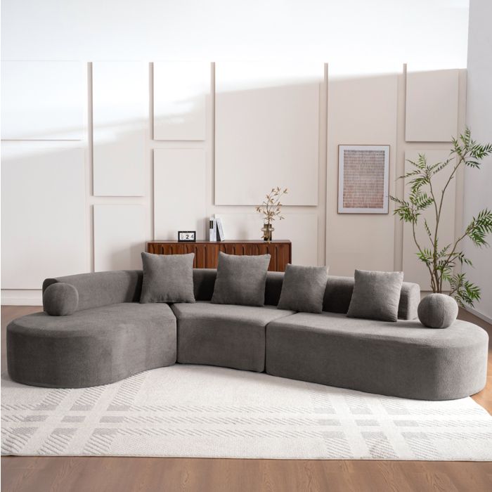 WOVREO canapé d’angle compressé en L 327 x 215 x 80 cm chenille grise sans montage 6 coussins