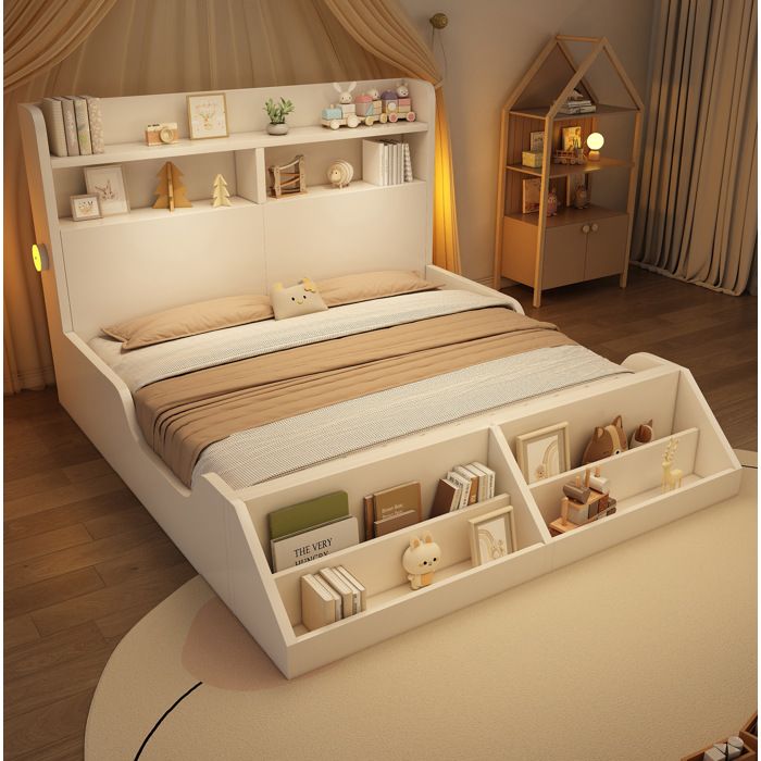 Lit double 140 x 200 cm en bois blanc avec étagères de tête de lit bibliothèque amovible veilleuses et sommier