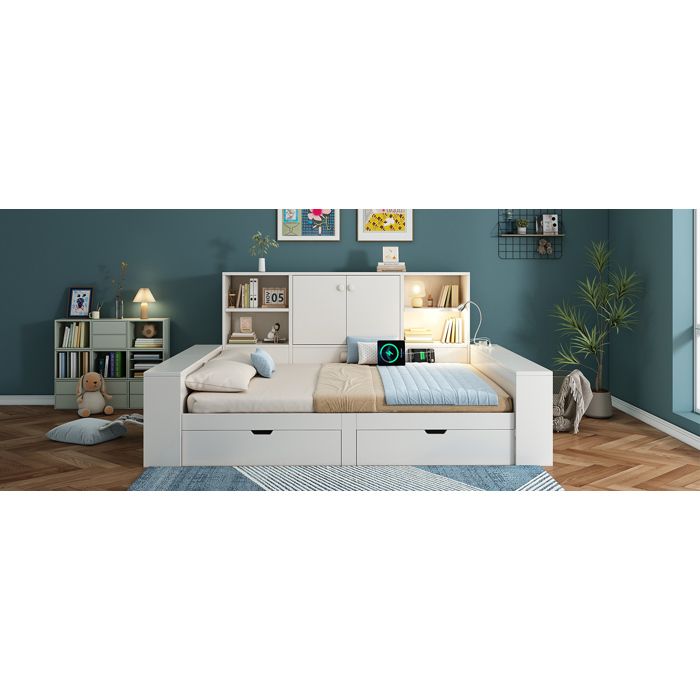 Lit combiné 140 x 200 cm blanc avec 2 tiroirs rangements tête de lit ports USB et USB-C