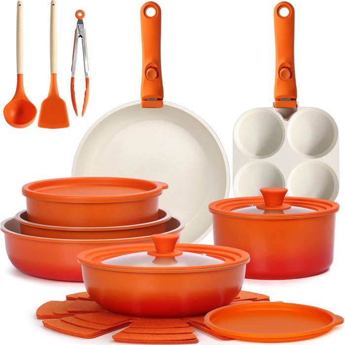 Batterie Cuisine 21 Pièces Granit Antiadhésif Poêle Induction Poignée Amovible Empilable Four Camping Orange