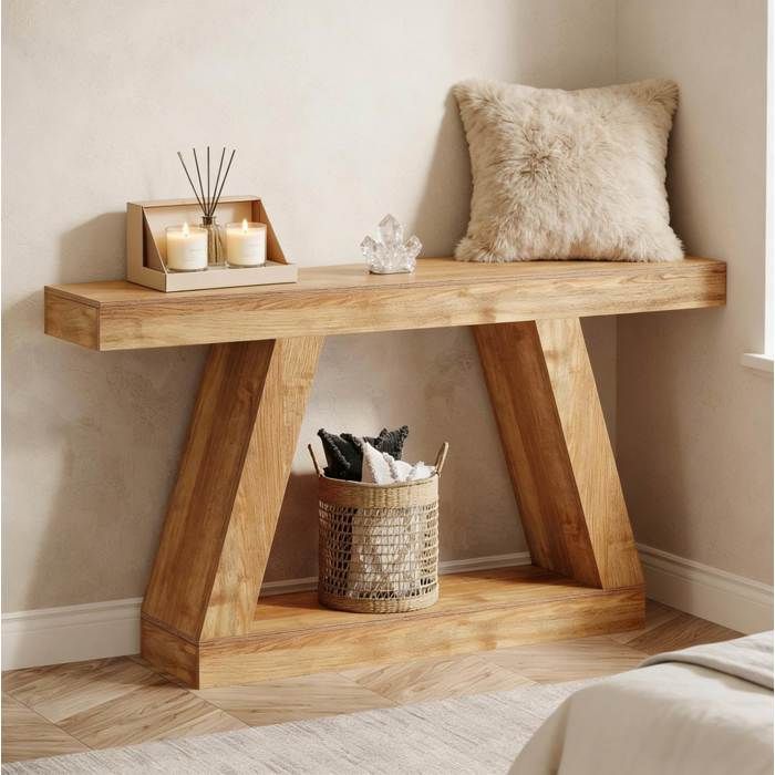 Table console dentrée 140 cm avec rangement ouvert style campagne vintage aspect bois MDF pour salon ORVRYN