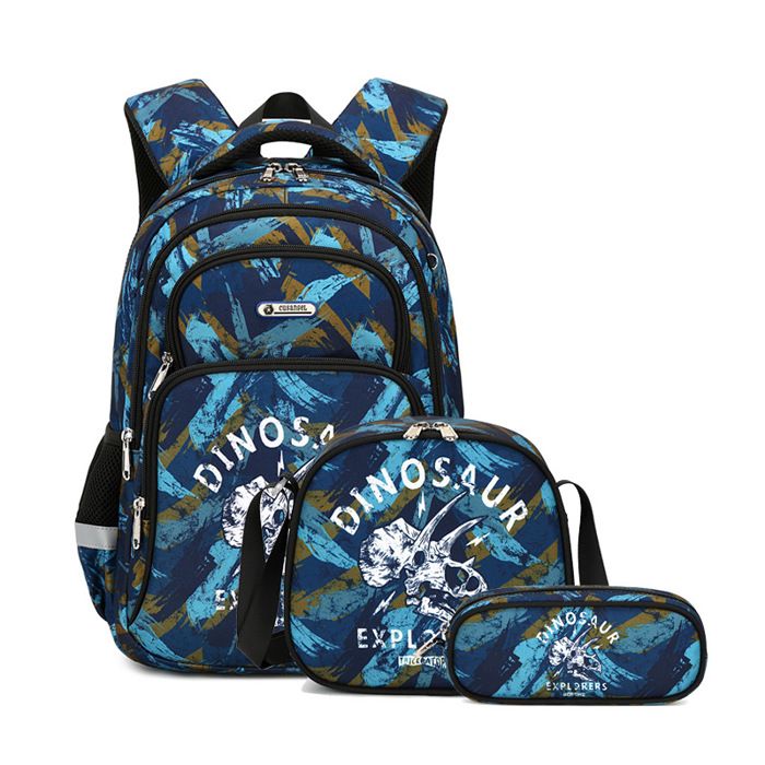 XJYDNCG 3Pcs Cartable Fille Primaire Sac à dos Enfant Scolaire Motif Dinosaure 42x30x15cm Bleu