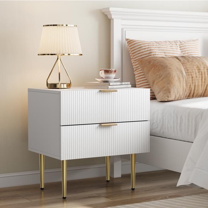 VUENOR Table de chevet 53 x 41 5 x 52 5 cm blanc et dore avec 2 tiroirs