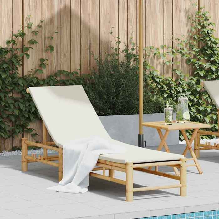 Transat avec Coussins Blanc Crème 55 x 199 x 75 cm en Bambou et Tissu avec dossier réglable multi-positions 531477
