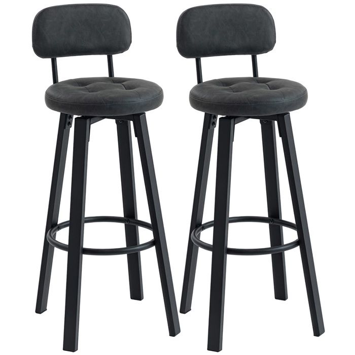 2 Tabourets pivotants cuisine PU dossier métal repose-pieds gris foncé