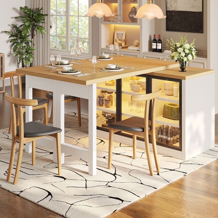 Îlot de cuisine extensible multifonction table à manger modulable 360° avec éclairage intelligent pour salle à manger blanc