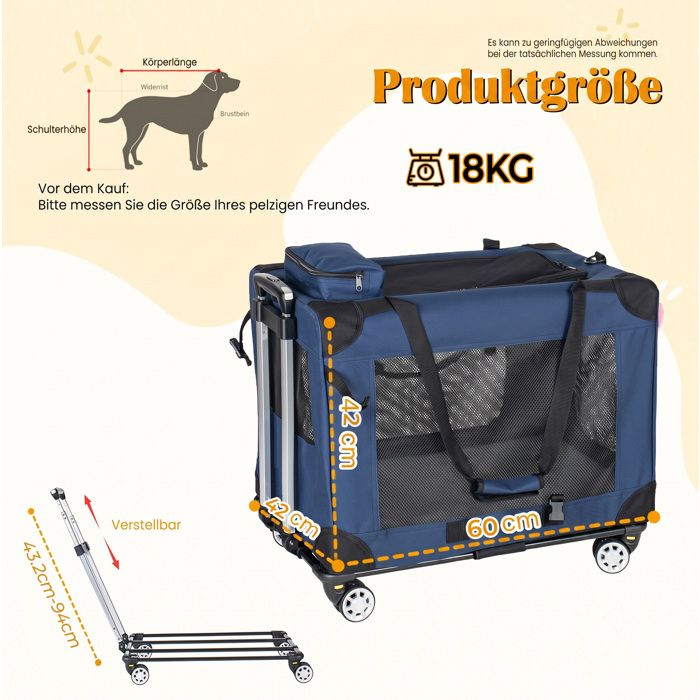 Caisse de transport pour chien 2-en-1 à roulettes – pliable – 60 x 42 x 42 cm – bleu foncé