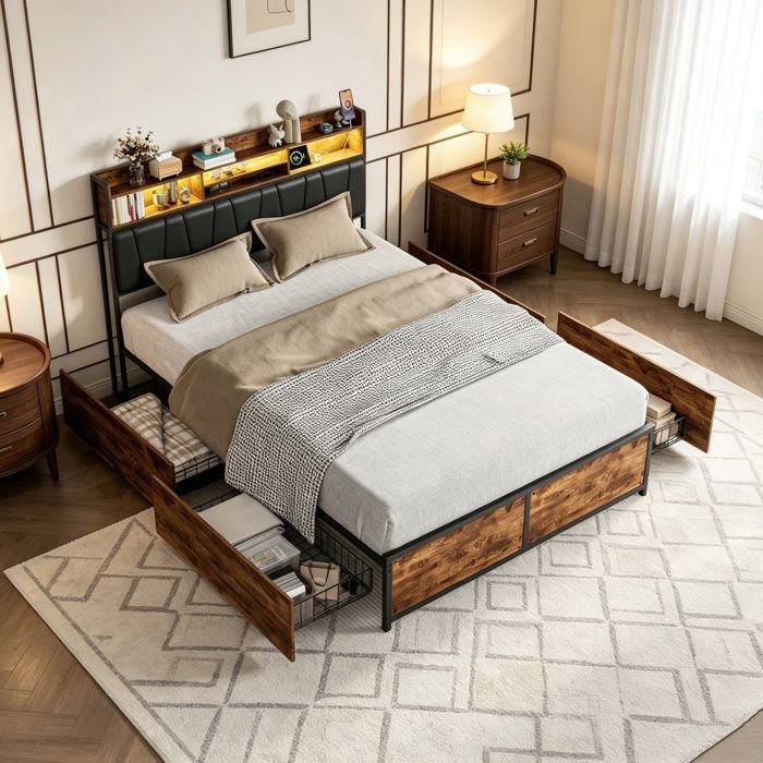 Lit double 180 x 200 cm - Avec tiroirs éclairage LED et ports USB - Structure en métal - Sommier à lattes - Style industriel - PU