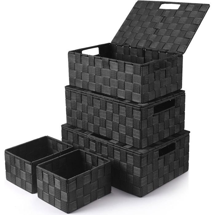 Panier de rangement 34 cm en plastique noir - Lot de 5 avec couvercle pour salle de bain