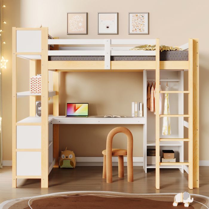 Lit mezzanine 140x200 avec bureau et armoire lit combiné bois naturel et blanc gain de place ado sans matelas
