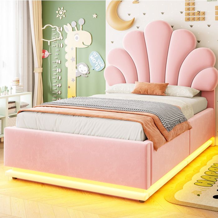 Lit coffre capitonné 90 x 200 cm en velours rose avec tête de lit fleurie LED et rangement hydraulique JOINERY Lit coffre capitonné 90 x 200 cm en velours rose avec tête de lit fleurie LED et rangement hydraulique JOINERY