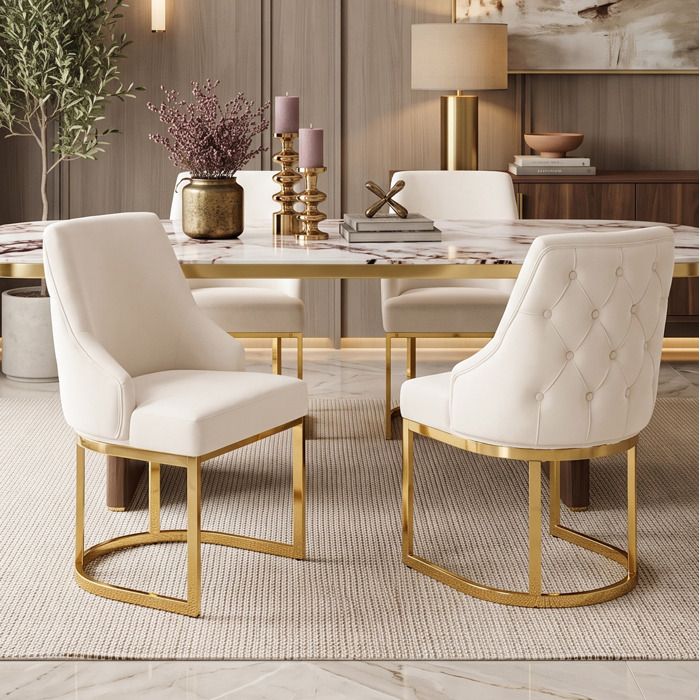 Maisentiel Lot de 4 chaises de salle à manger en velours beige et or pieds métalliques dorés 55 x 59 x 89 cm